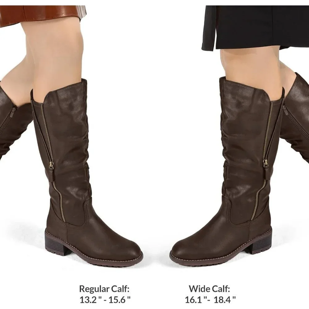 Women's Coffee Mysoft Knee High Boots Chunky Heel Lug Sole Side Zipper 2 Inch